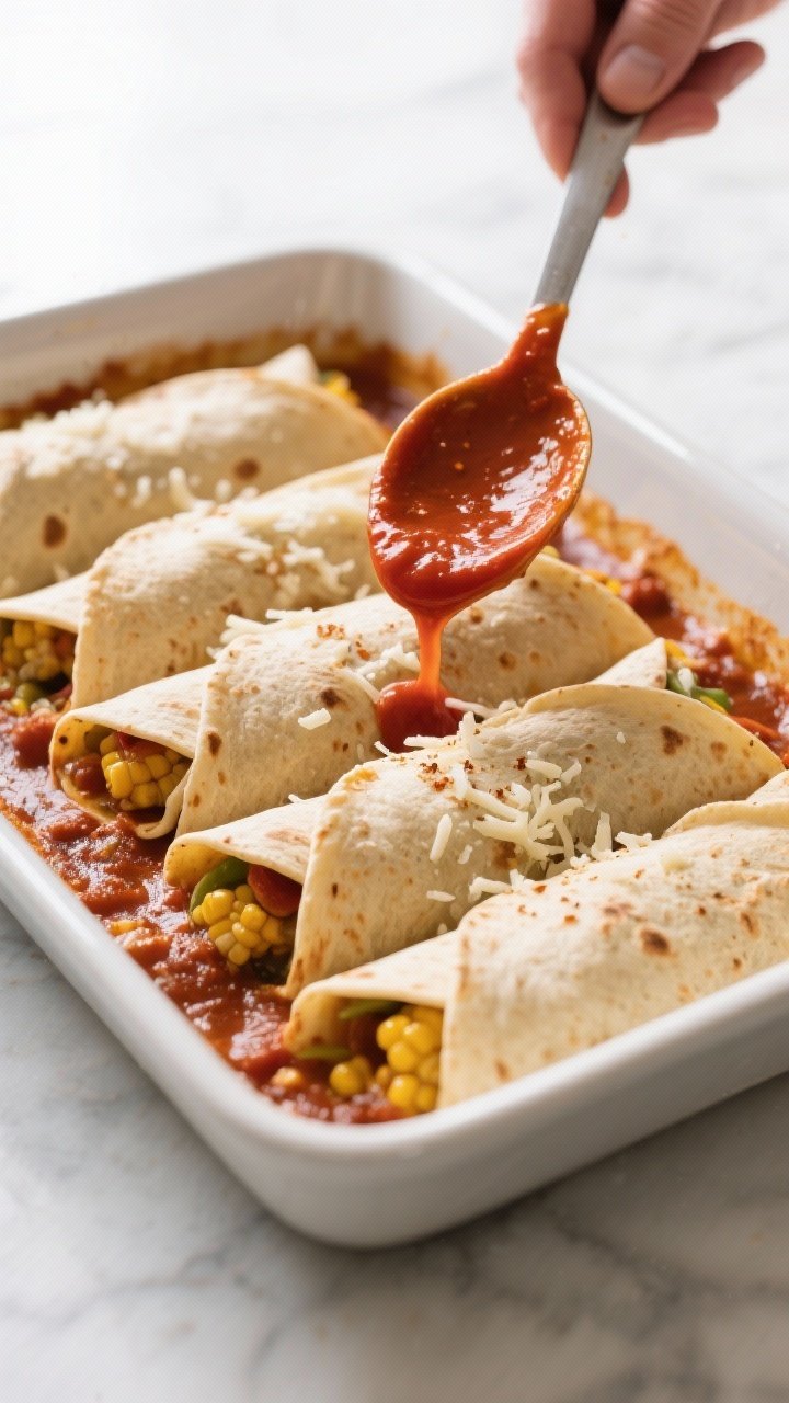 Cooking process: Overhead shot of rolled enchiladas tucked tightly seam-side down in a 9x13 baking d