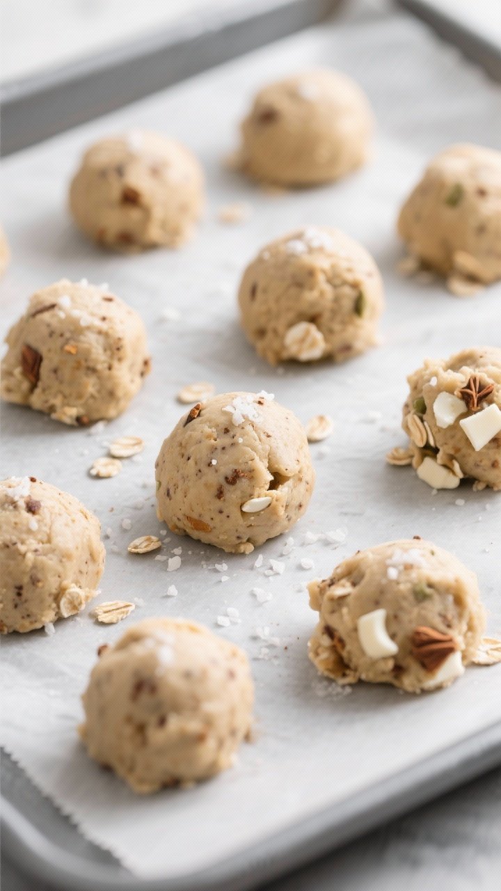 Cooking process: Overhead shot of scooped dough balls on a cool, parchment-lined baking sheet right