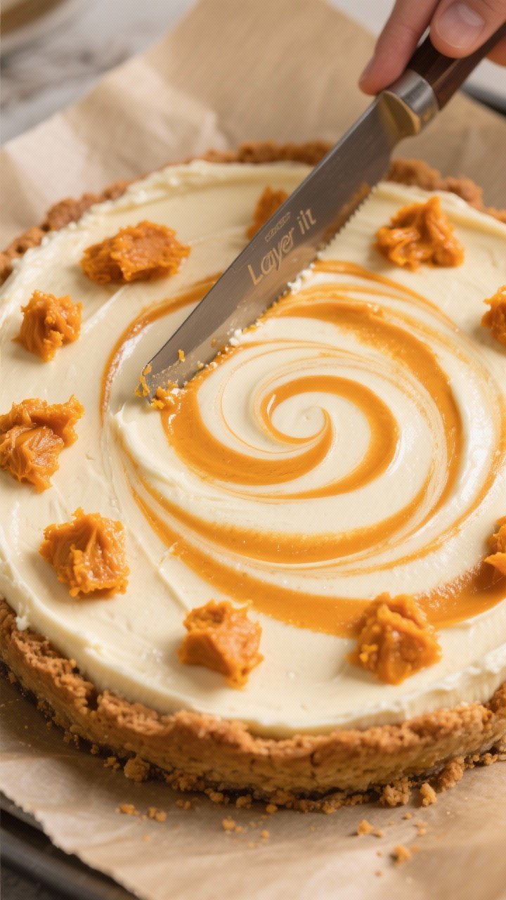 Cooking process: Overhead shot of the “Layer it” step—plain cheesecake batter smoothed evenly