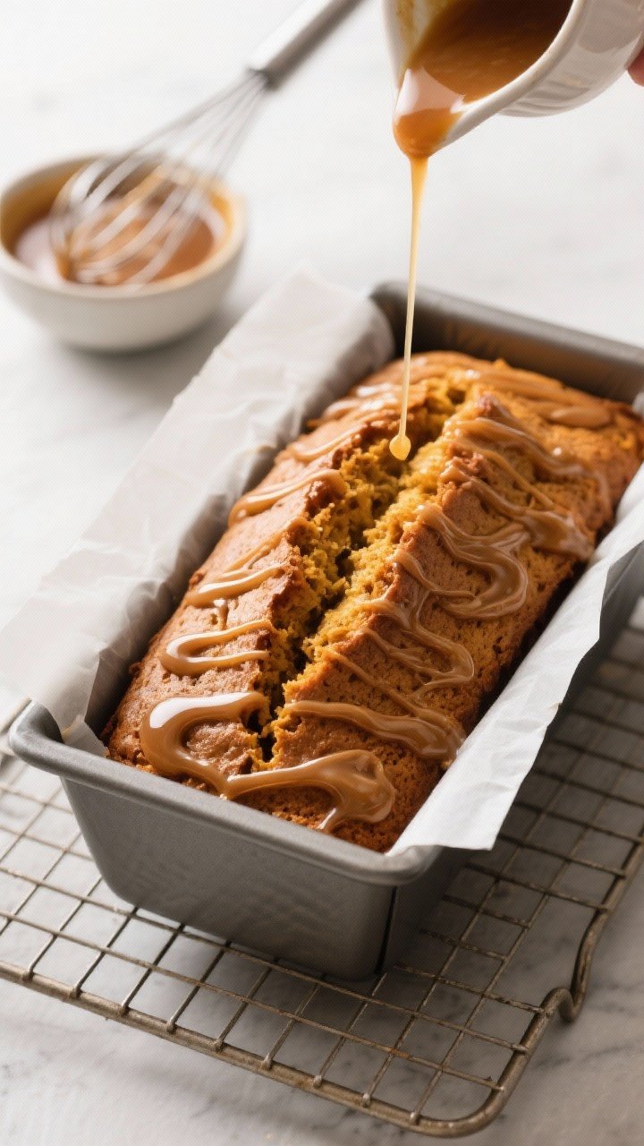 Cooking process: Overhead shot of the baked pumpkin bread still in the parchment-lined 9x5 loaf pan