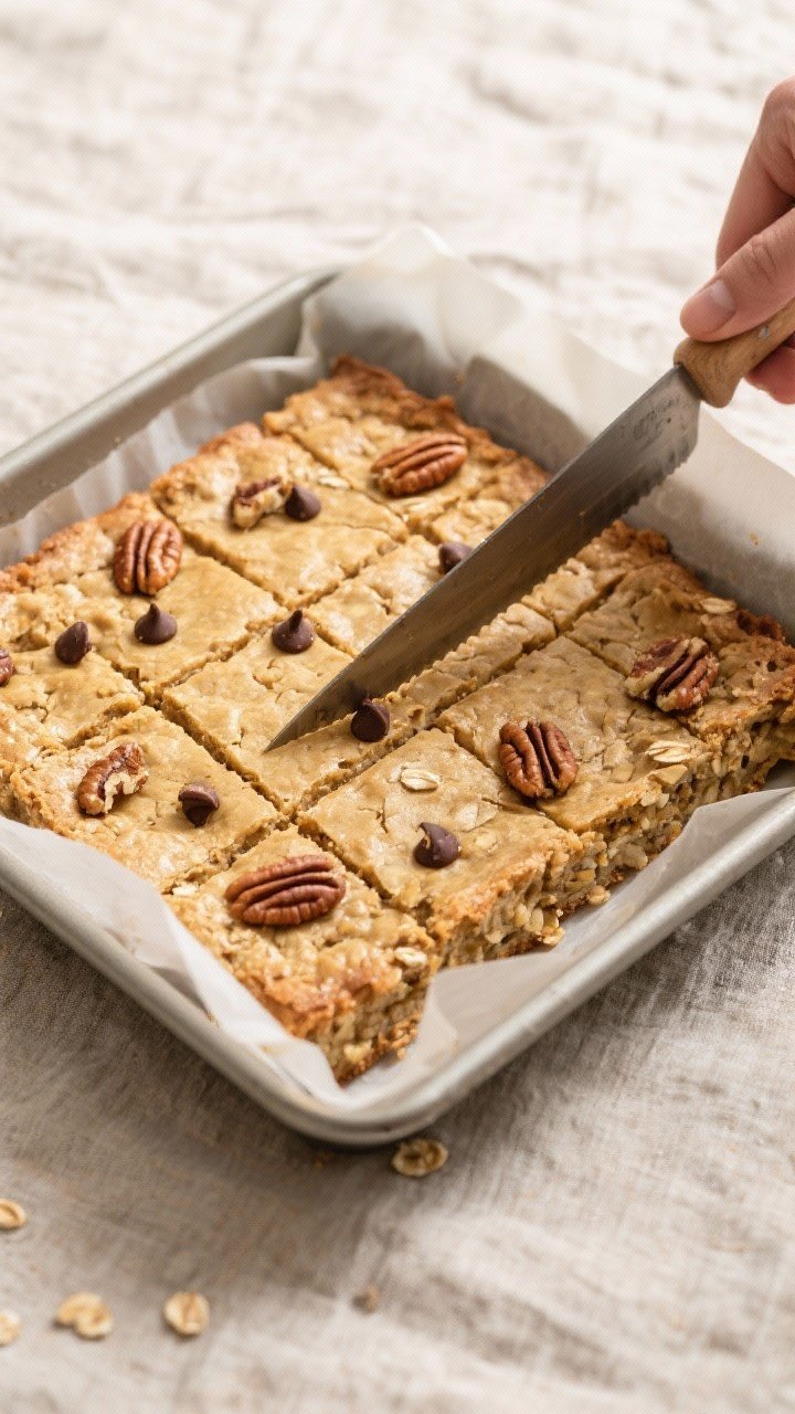 Cooking process: Overhead shot of the baked slab being lifted by parchment from an 8x8-inch pan afte