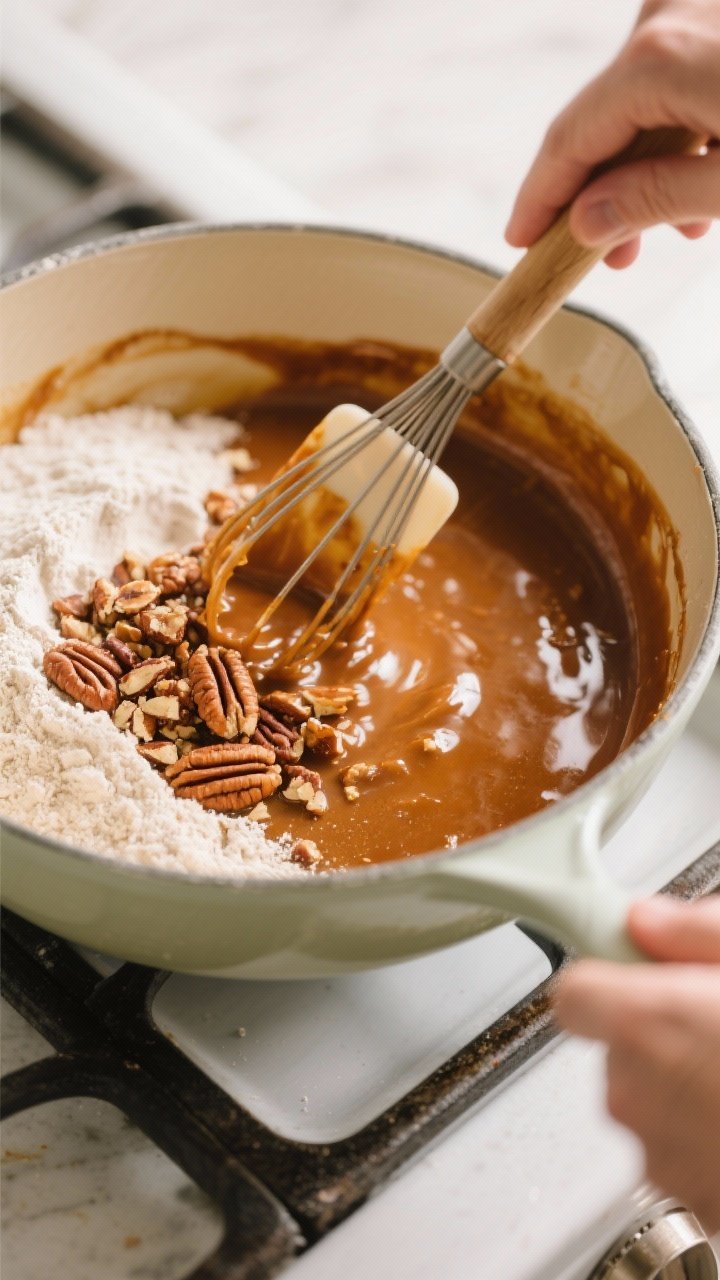 Cooking process: Overhead shot of the glossy brown butter–maple–brown sugar mixture being whiske
