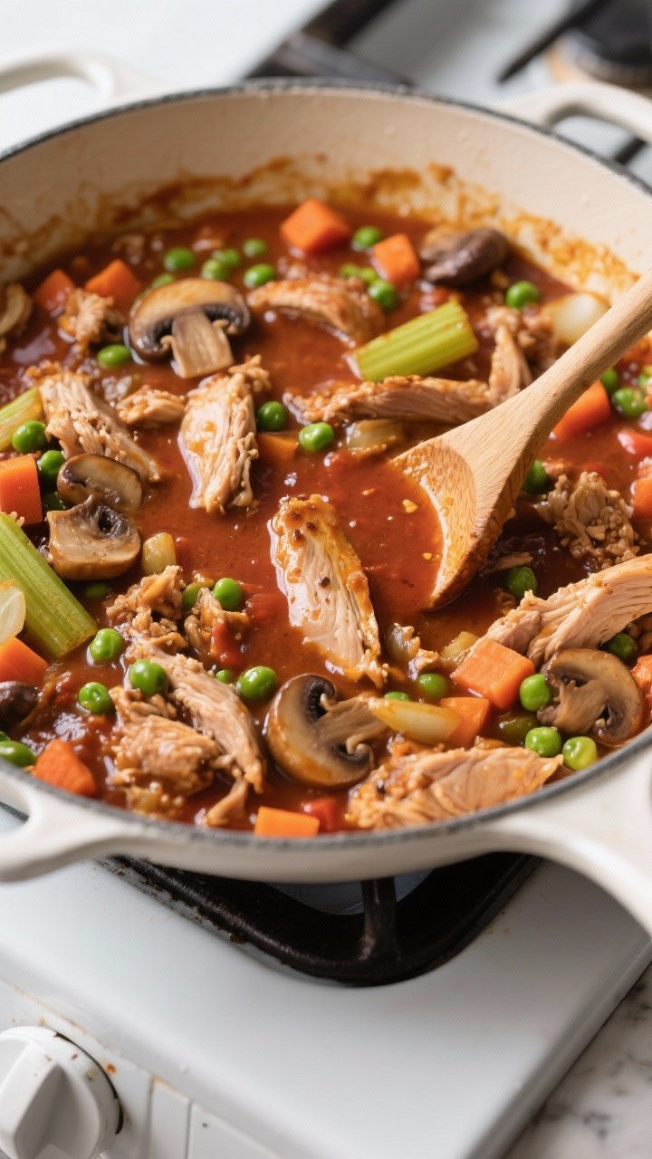 Cooking process: Overhead shot of the glossy turkey-and-vegetable filling simmering in a deep, oven-