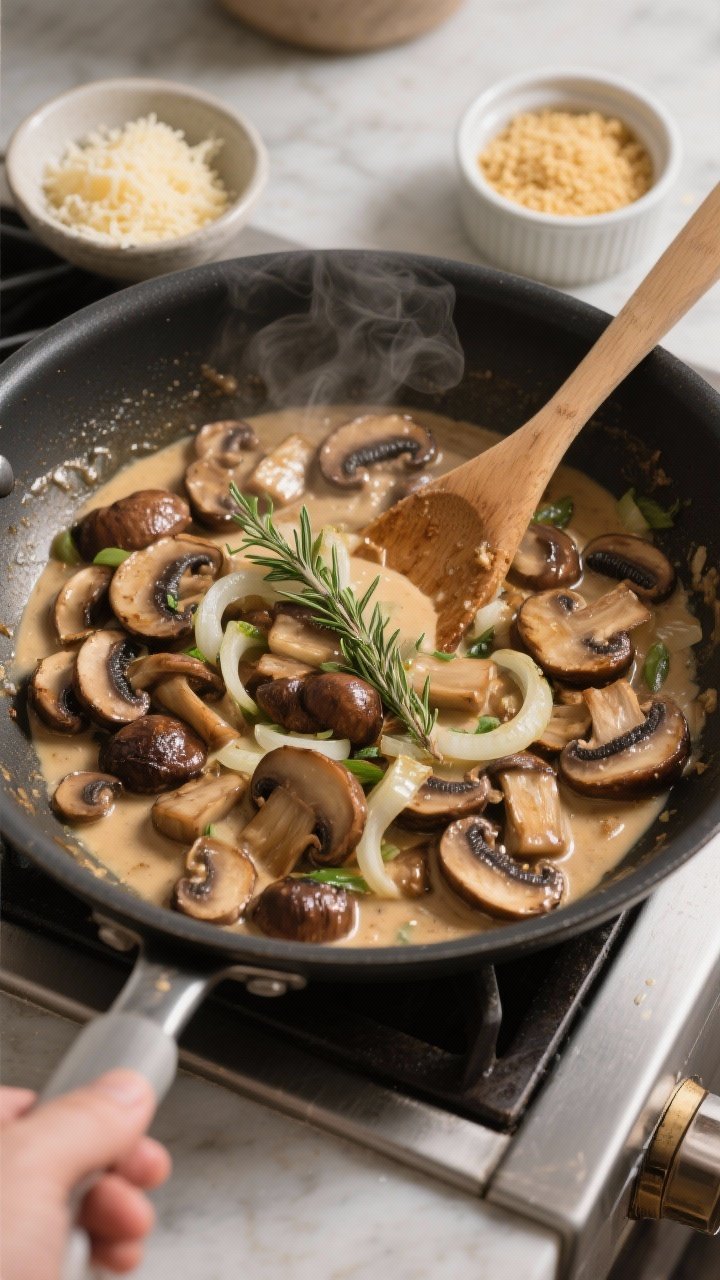 Cooking process: Overhead shot of the mushroom mixture in a large skillet during the “build the sa