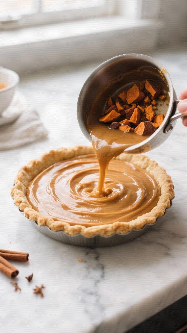 Cooking process: Overhead shot of the silky sweet potato custard being poured into a blind-baked, li