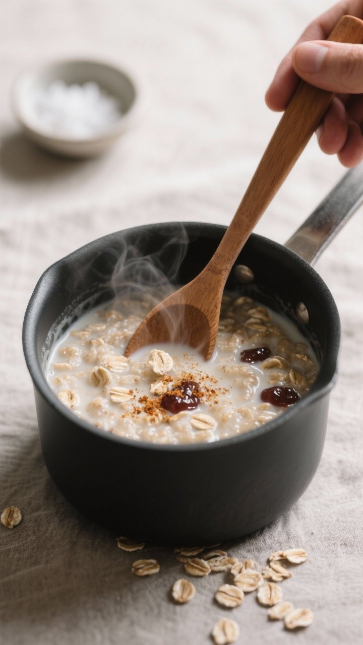 Cooking process — Peanut Butter & Jelly Oatmeal simmering: Rolled oats gently bubbling in a small