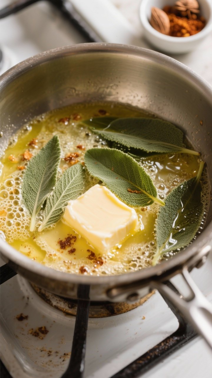 Cooking process: Sage butter moment in the pot—fresh sage leaves sizzling in melted butter with ti