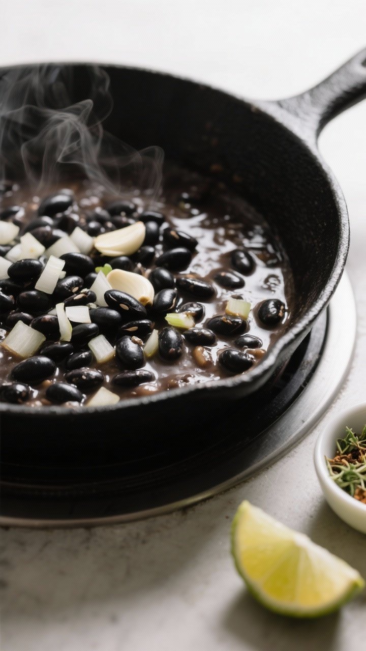 Cooking process shot: Black beans simmering in a skillet with finely diced onion and garlic; reduced