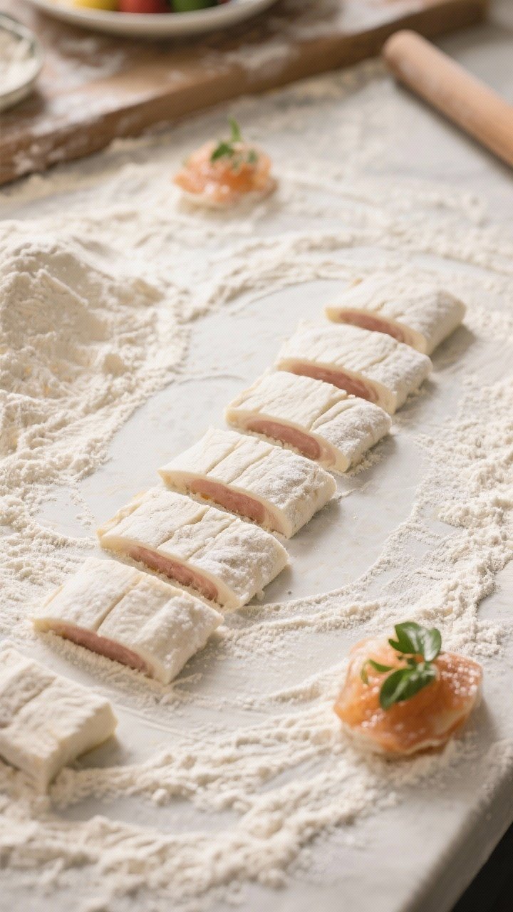 Cooking process shot: Overhead view of a lightly floured surface with neatly cut