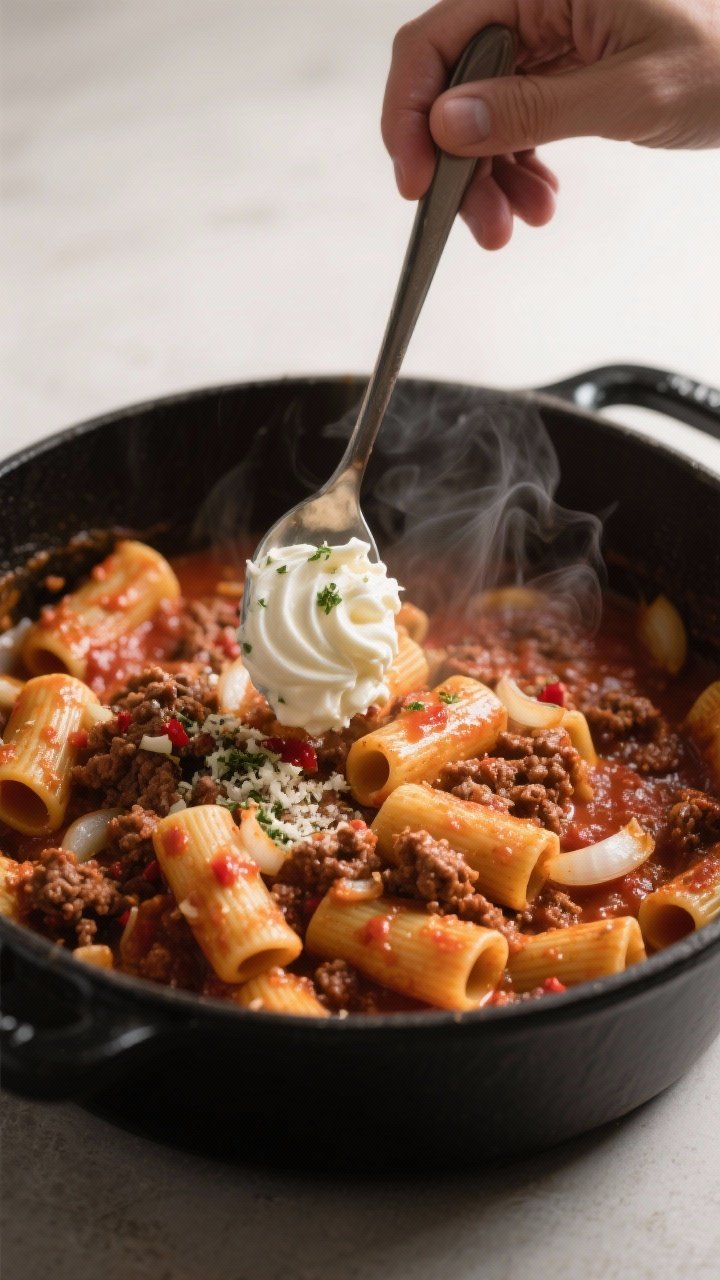 Cooking process shot: rigatoni being tossed with the thickened ground beef tomato sauce in a large p