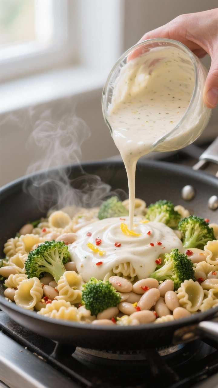 Cooking process: Skillet scene of silky white bean–garlic sauce being blended-smooth and poured ba