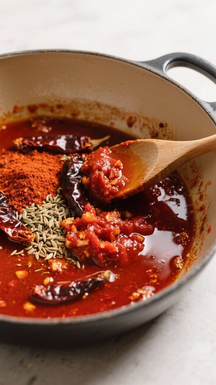 Cooking process: Spices blooming in oil in a heavy pot—cumin, chili powder, and smoked paprika vis