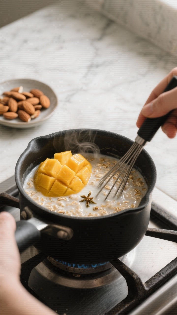 Cooking process, stovetop: Creamy coconut oatmeal simmering in a small matte-black saucepan, oats vi