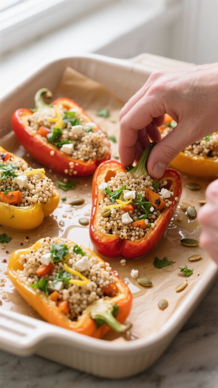 Cooking process: Stuffing quinoa and roasted vegetable filling into upright, pre-baked bell peppers