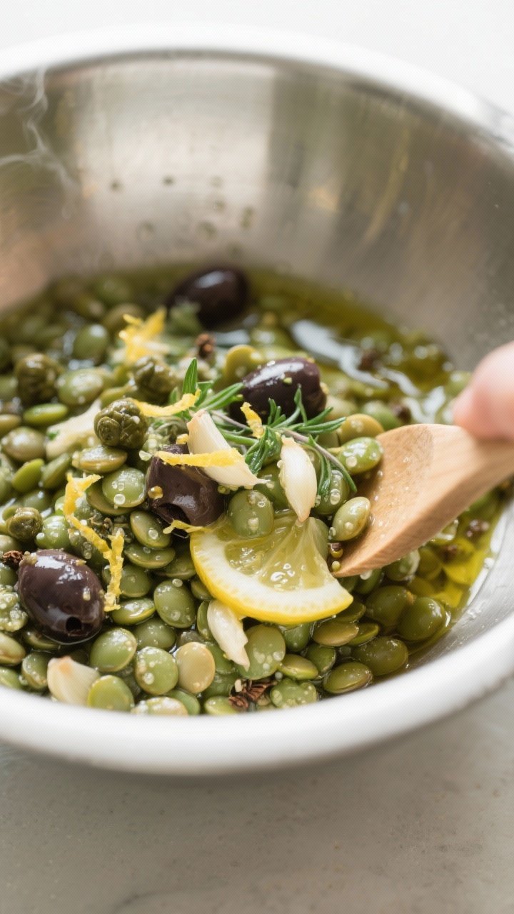 Cooking process: Tender green/French lentils just drained and steaming slightly in a wide stainless