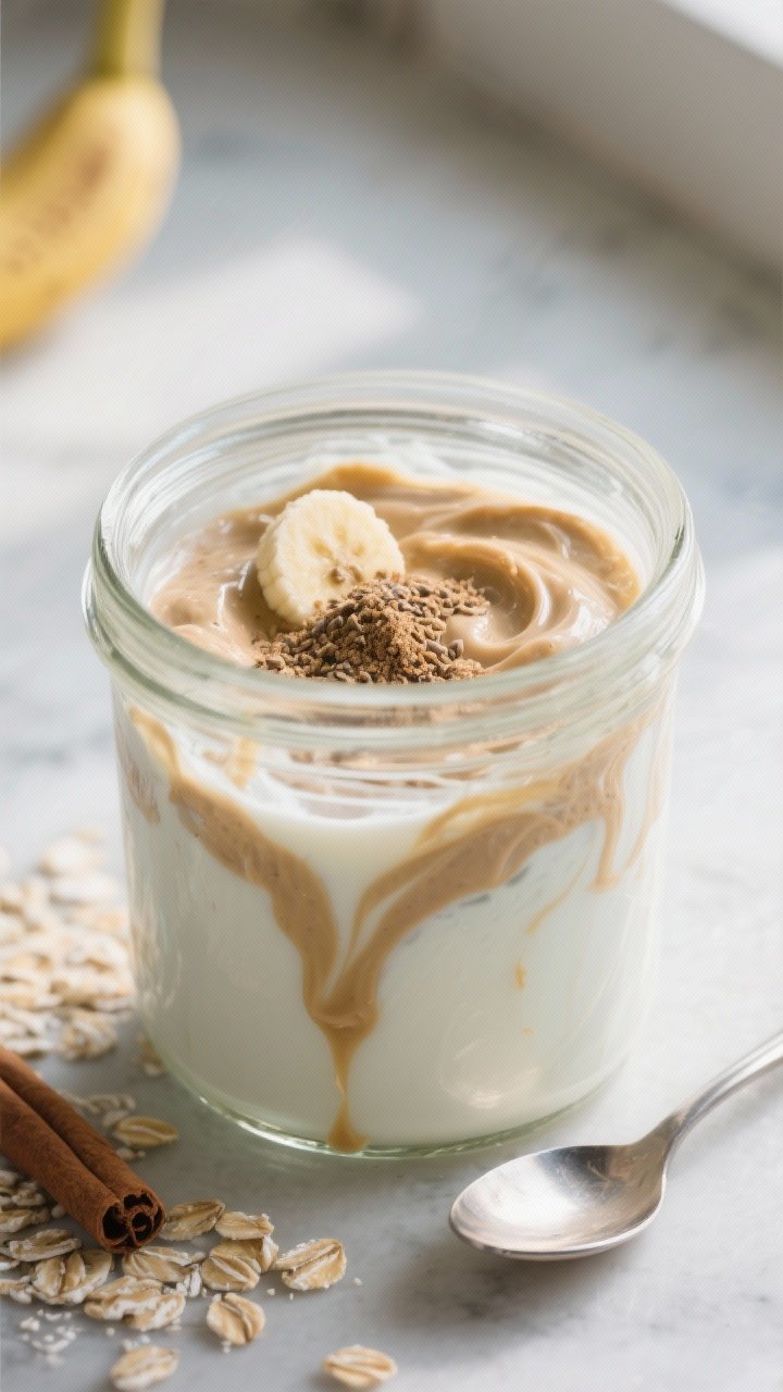 Cooking process: The mixture just after assembly and swirl stage in a clear jar—oats, milk, Greek 