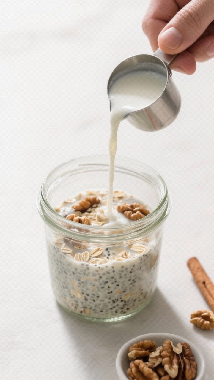 Cooking process: The oats being assembled in a clear glass jar—creamy mixture after stirring in mi