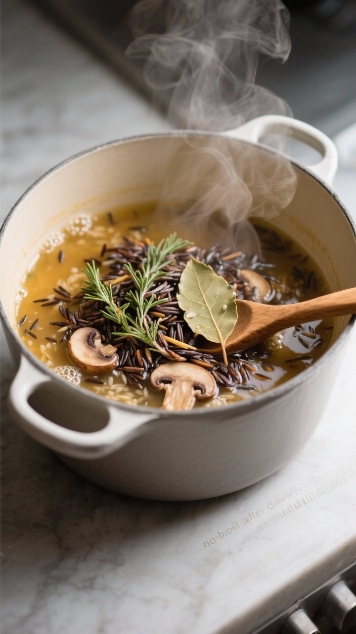 Cooking process: The soup simmering stage captured in-pot—wild rice, thyme sprigs, bay leaf, and b