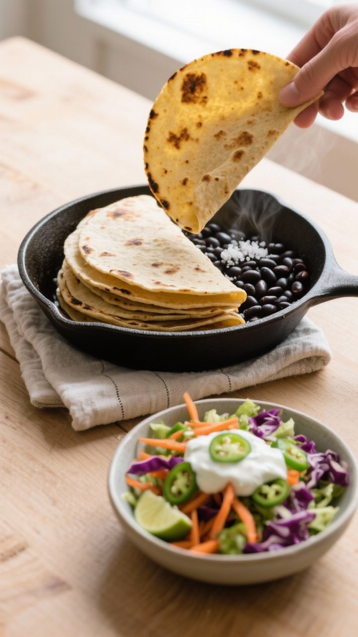 Cooking process: Warm corn tortillas on a cast-iron skillet, lightly charred and pliable, being stac