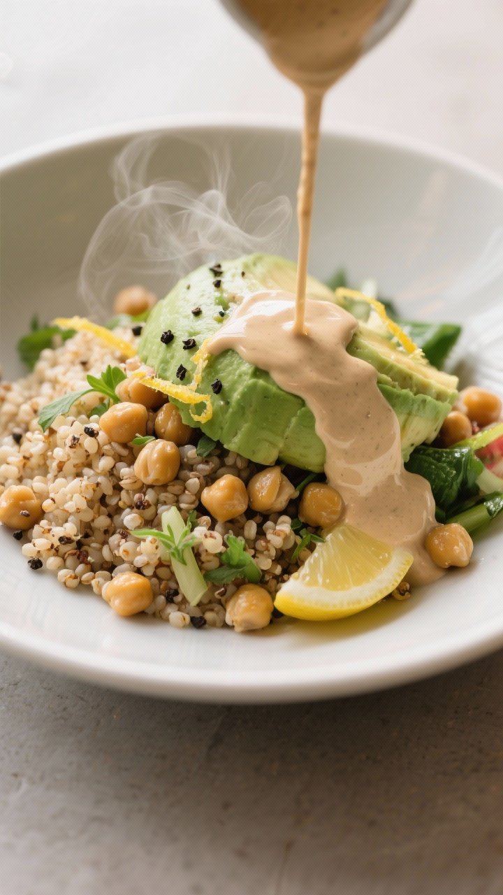 Final dish beauty: Restaurant-quality plated bowl with warm quinoa and hot chickpeas contrasted agai
