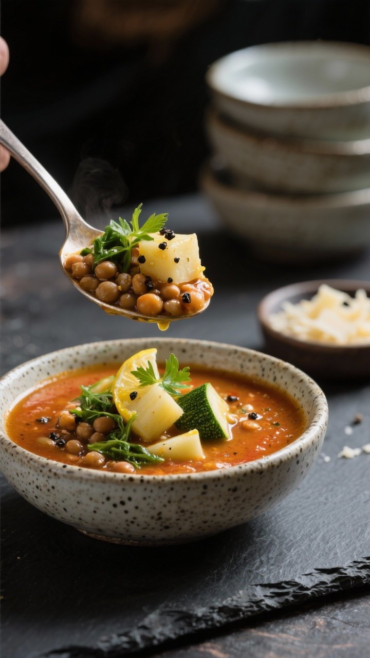 Final dish beauty — Restaurant-quality presentation of the soup in a shallow speckled stoneware bo