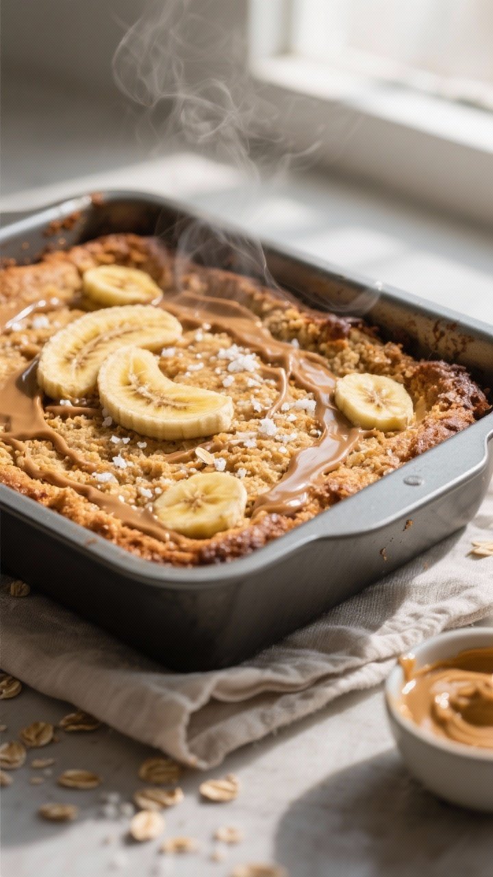 Final dish — Just-baked Peanut Butter Banana Oat Bake in the pan: edges set and lightly caramelize