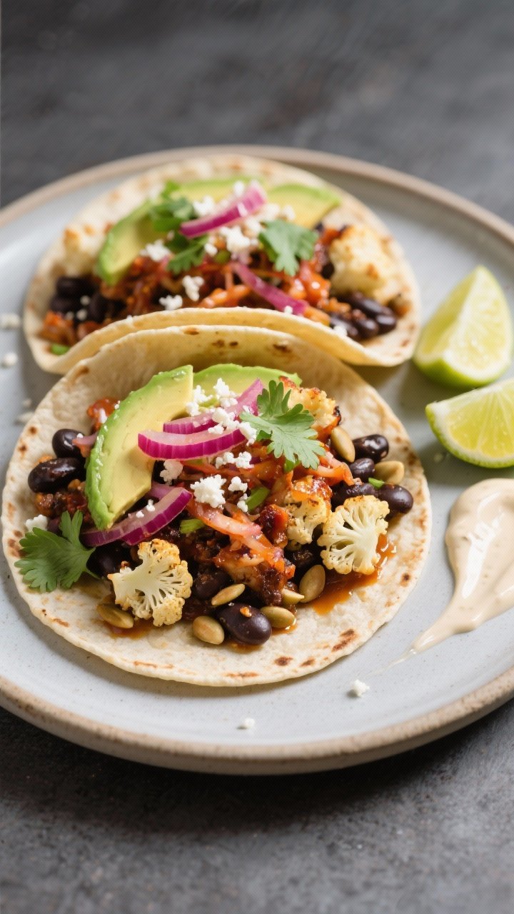 Final dish, overhead: Fully assembled High Fiber Cauliflower Tacos—two to three tacos on a matte c