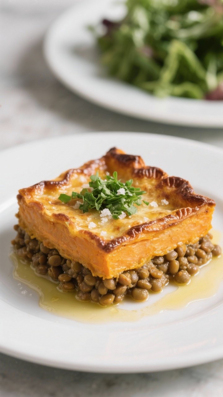 Final dish, plated beauty: A generous square of Lentil & Sweet Potato Shepherd’s Pie served on a m