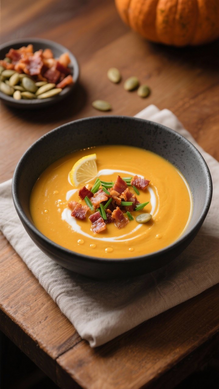 Final dish, plated beauty: Silky pumpkin soup poured into a matte charcoal bowl, ultra-smooth surfac