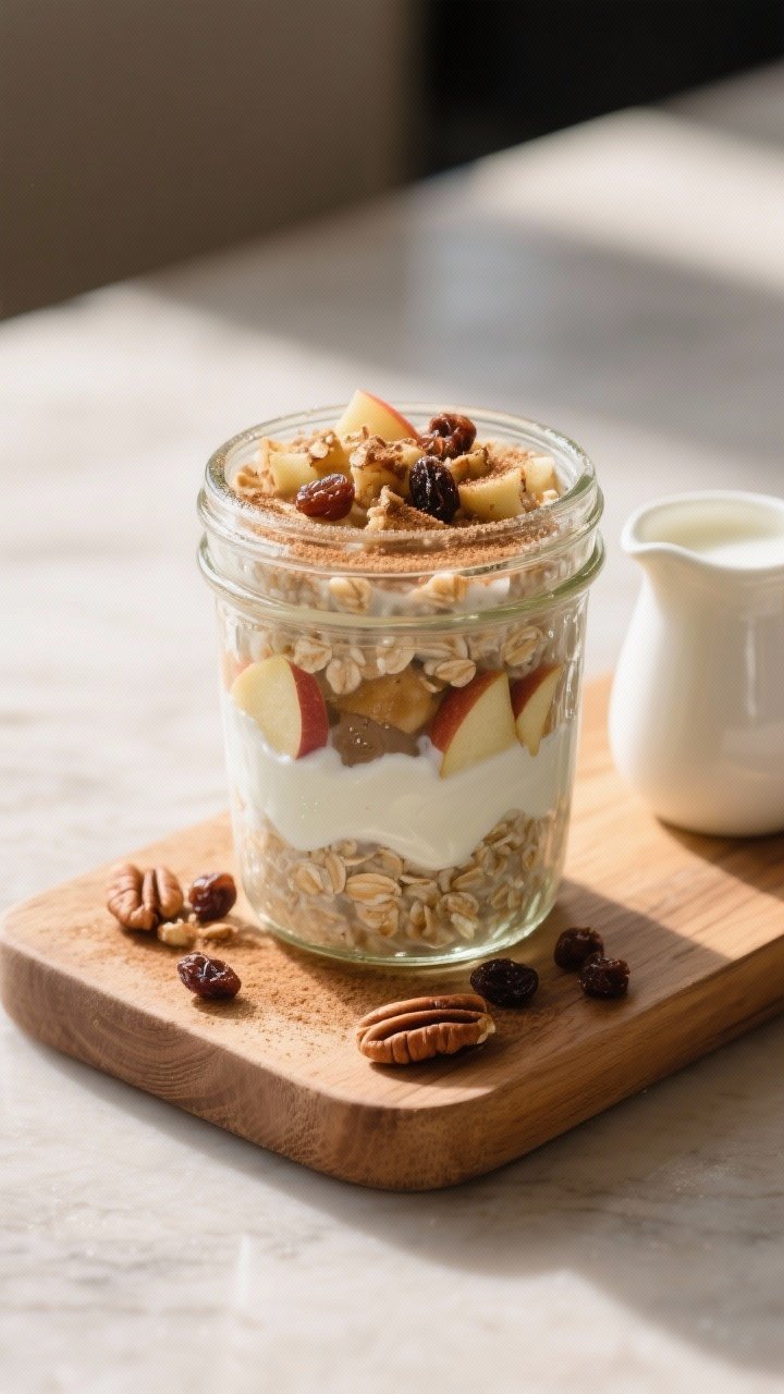 Final dish, plated elegance: Beautifully plated apple-pie-inspired overnight oats in a clear 12–16