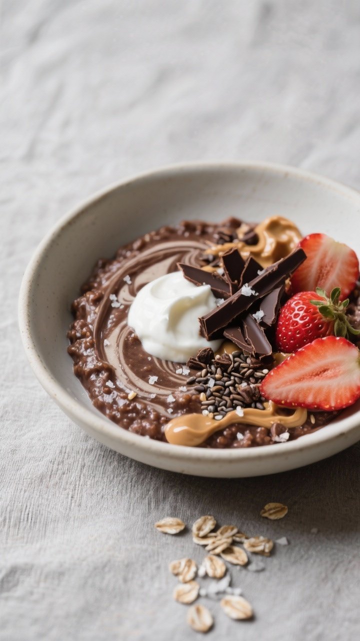 Final dish, plated elegance: Chocolate protein oatmeal swirled with a generous dollop of 5% plain Gr