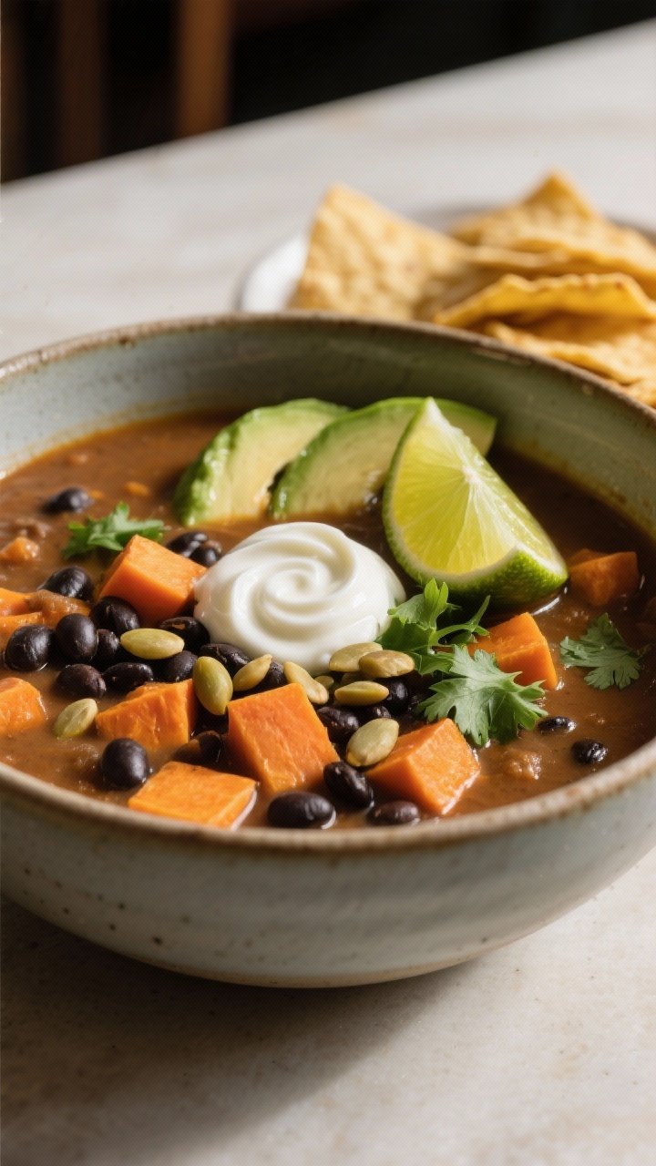 Final dish, plated hero shot: A deep ceramic bowl of Sweet Potato and Black Bean Soup with Lime, thi