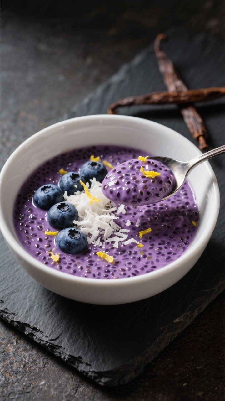 Final dish, plated presentation: Restaurant-quality bowl of blueberry chia seed pudding with almond