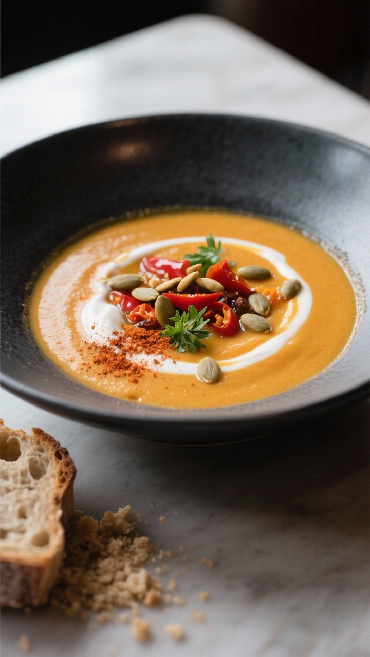Final dish, plated presentation: Silky Smoky Roasted Pumpkin and Red Pepper Soup served in a wide, m