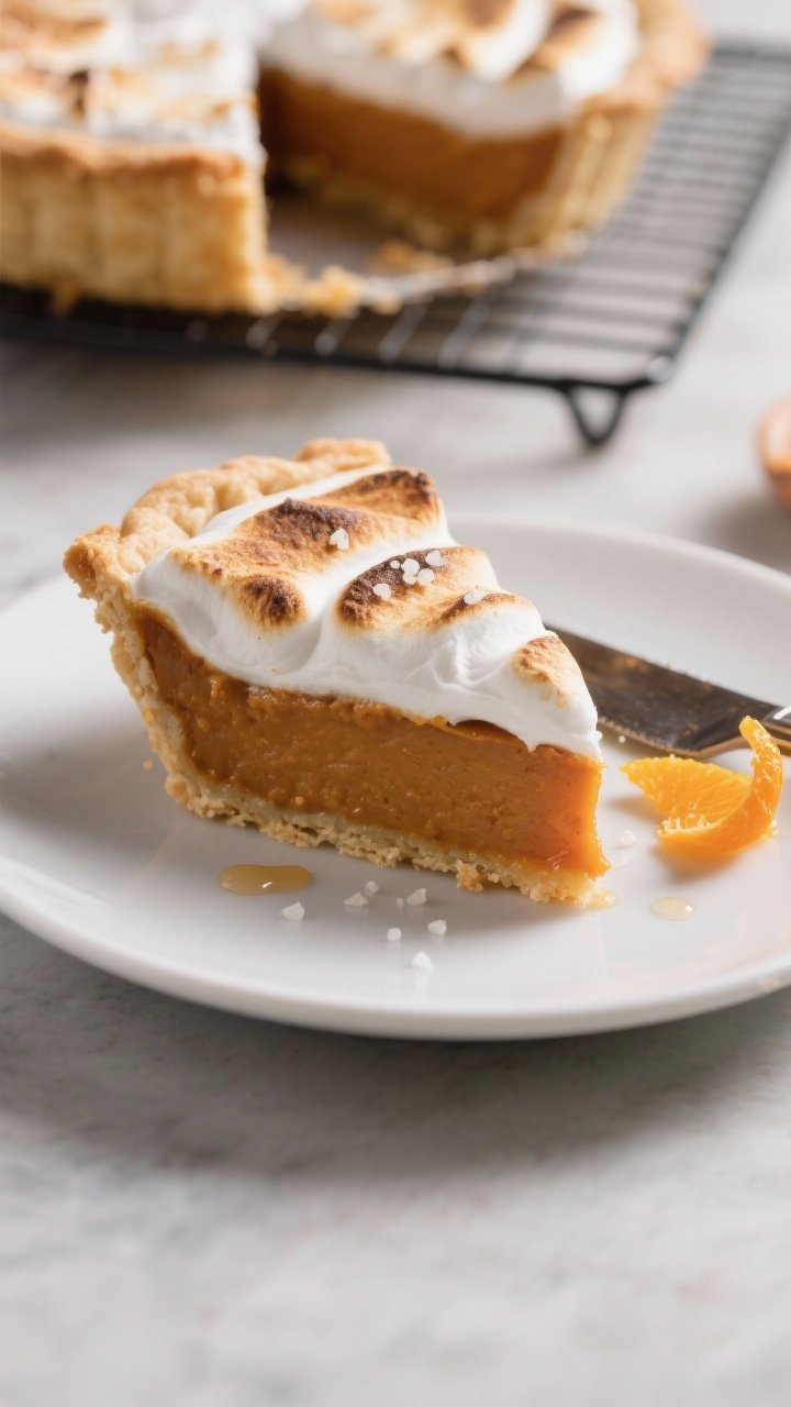 Final dish presentation: A pristine slice of Sweet Potato Pie with Toasted Marshmallow Topping on a