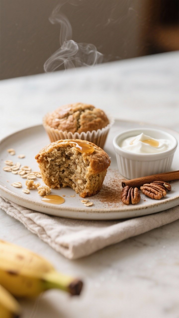 Final dish presentation: Beautifully plated bakery-style banana oat bran muffins on a light ceramic 