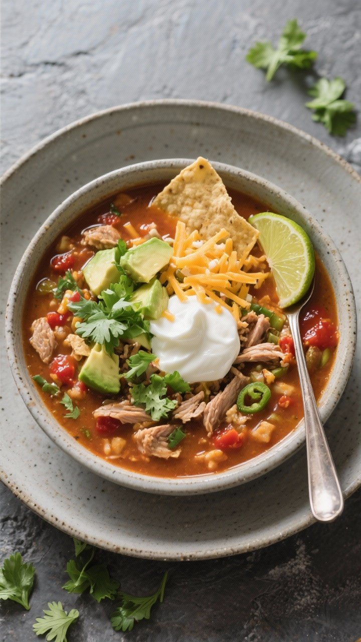 Final dish presentation: Beautifully plated bowl of High Protein Turkey Taco Soup on a matte stonewa
