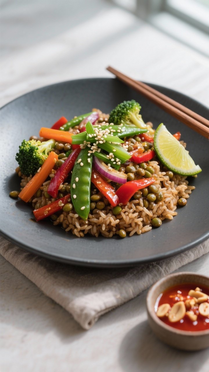 Final dish presentation: Beautifully plated Lentil & Vegetable Stir-Fry over a neat mound of fluffy