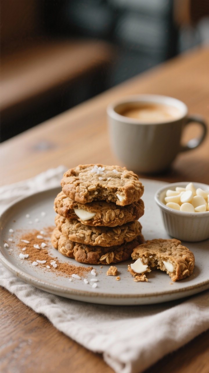 Final dish presentation: Beautifully plated stack of chai-spiced oatmeal cookies on a matte ceramic