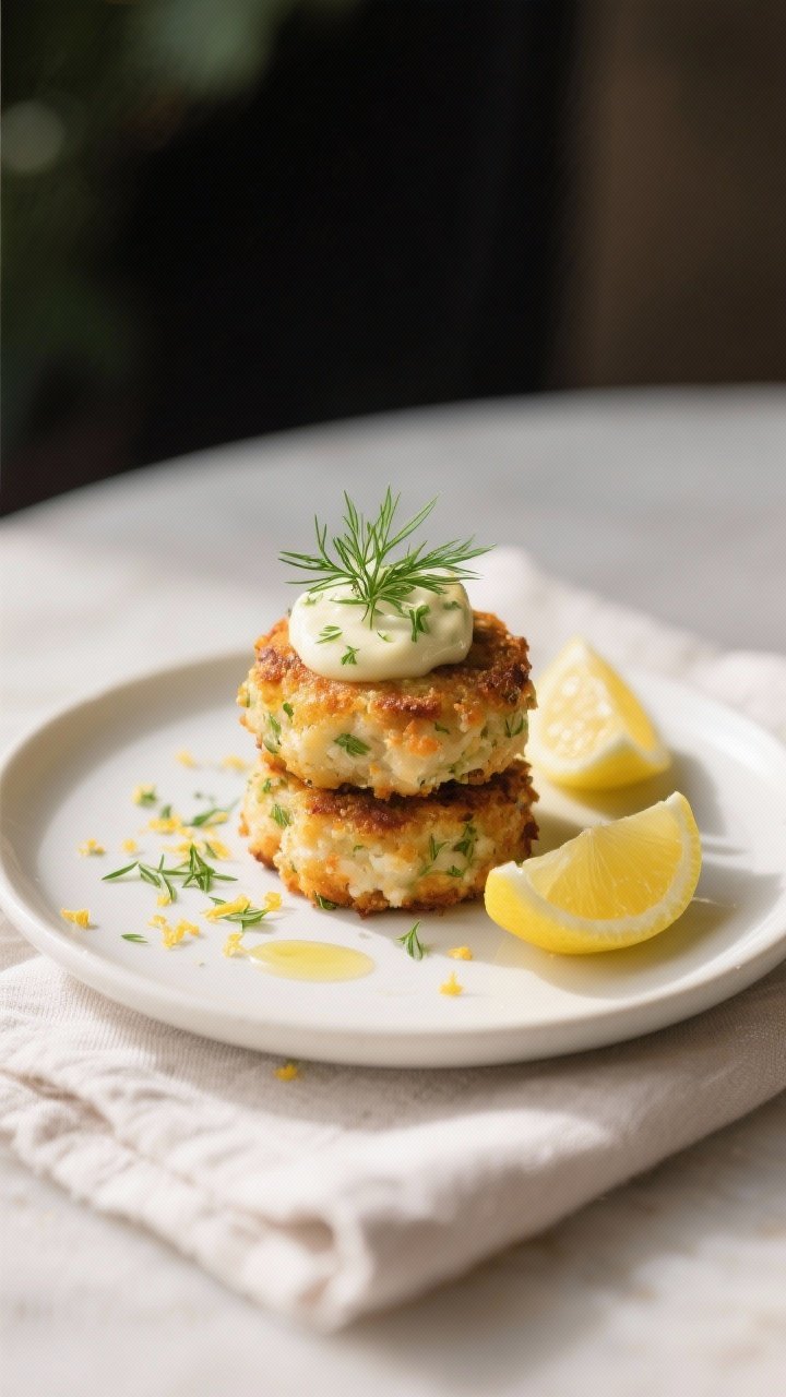 Final dish presentation: Bite-sized crab cakes stacked on a small matte-white plate, each topped wit