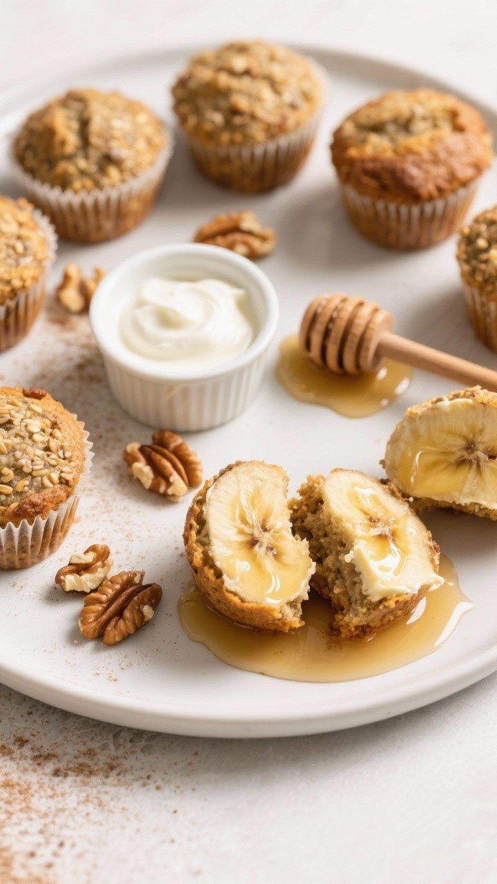 Final dish presentation: Brunch-style spread of banana flaxseed muffins on a round white platter, so