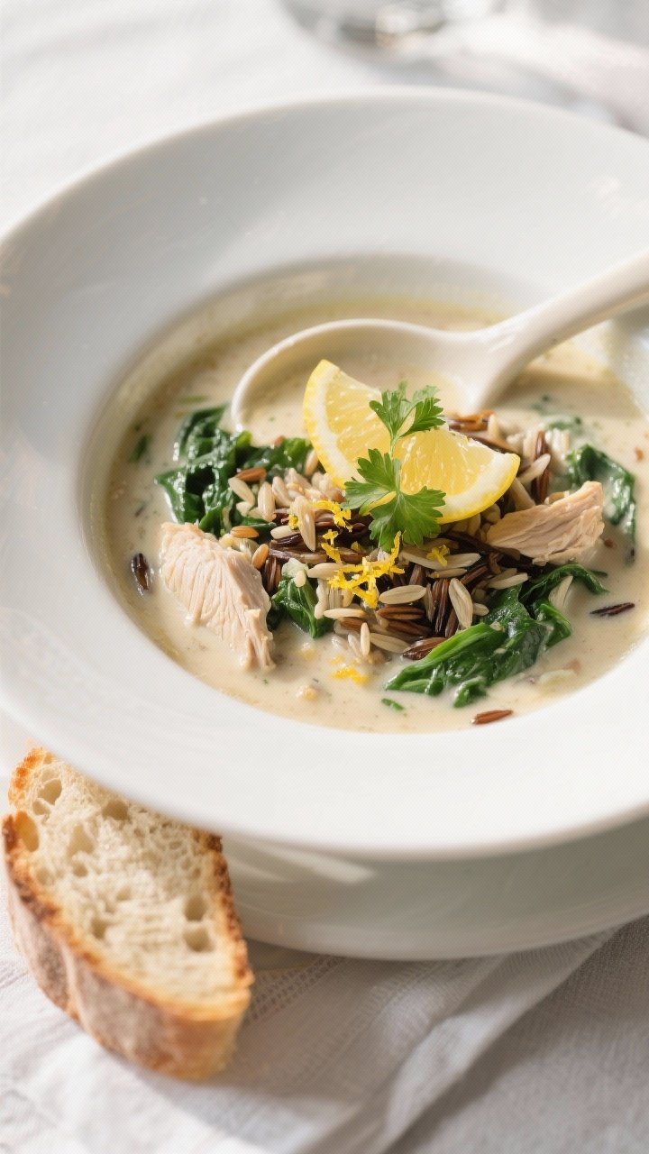Final dish presentation, plated bowl: Beautifully plated Chicken & Wild Rice Soup in a wide white bo