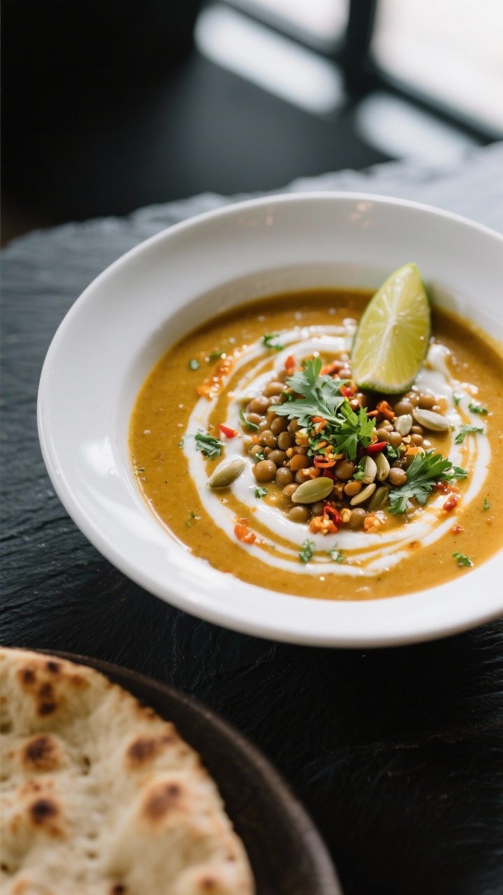 Final dish presentation: Restaurant-quality bowl of Curried Pumpkin Lentil Soup in a wide, white cer