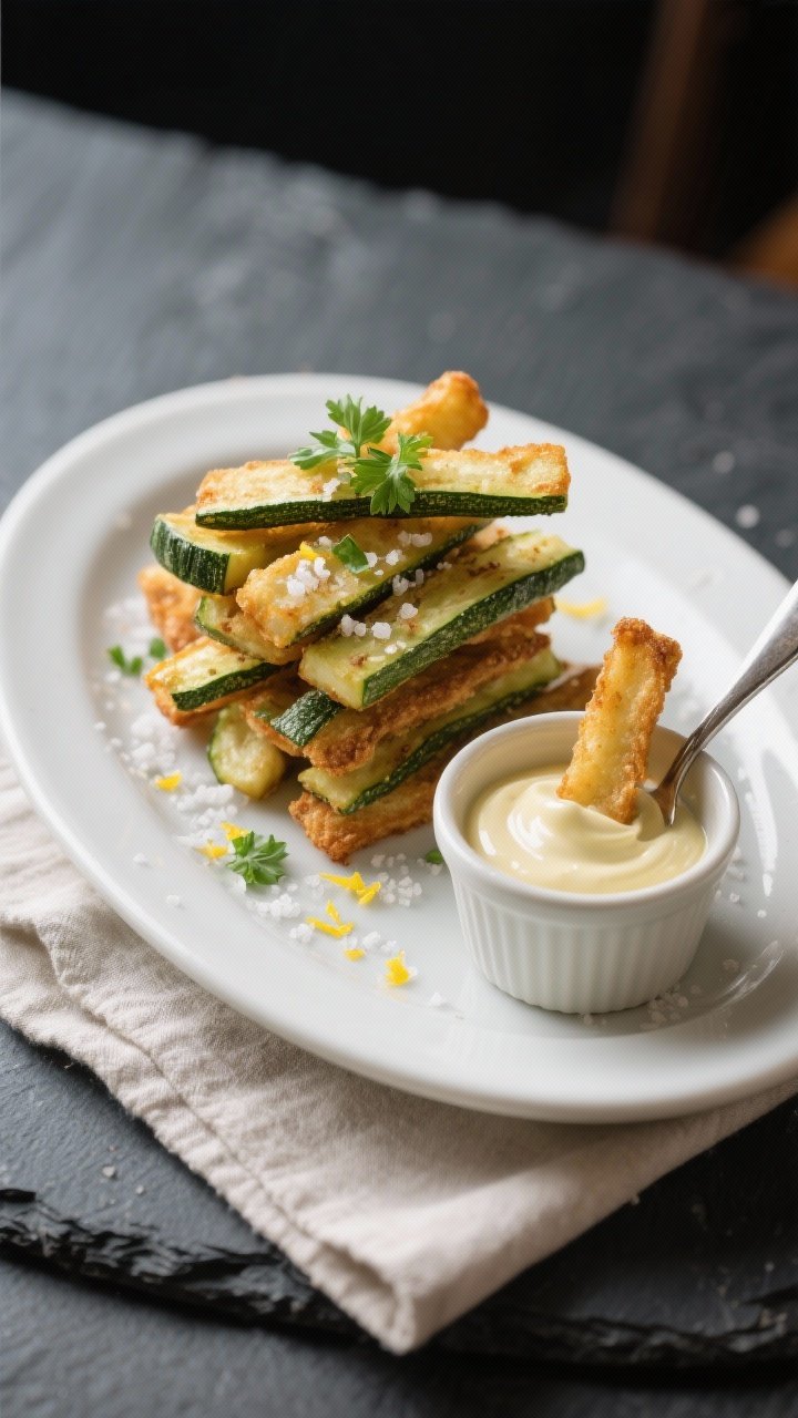 Final dish presentation: Restaurant-quality plate of zucchini fries stacked in a neat pile on a matt