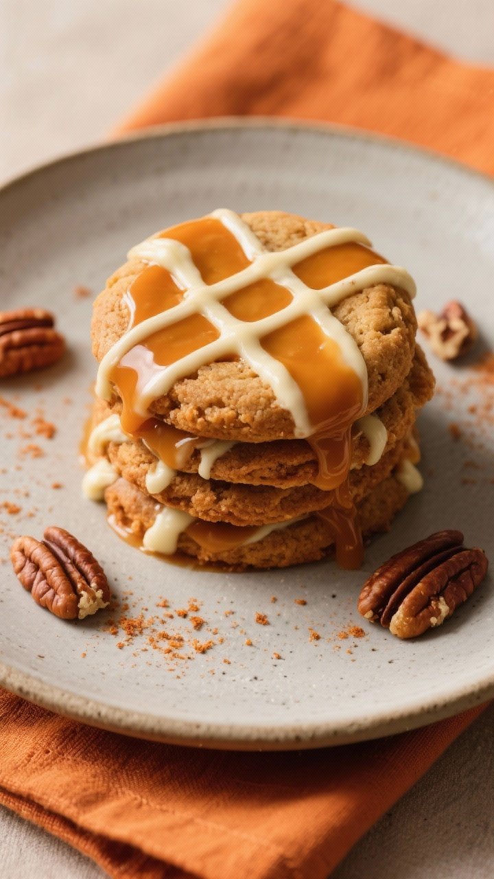 Final dish presentation: Restaurant-quality plate of pumpkin pie cookies stacked and fanned on a mat