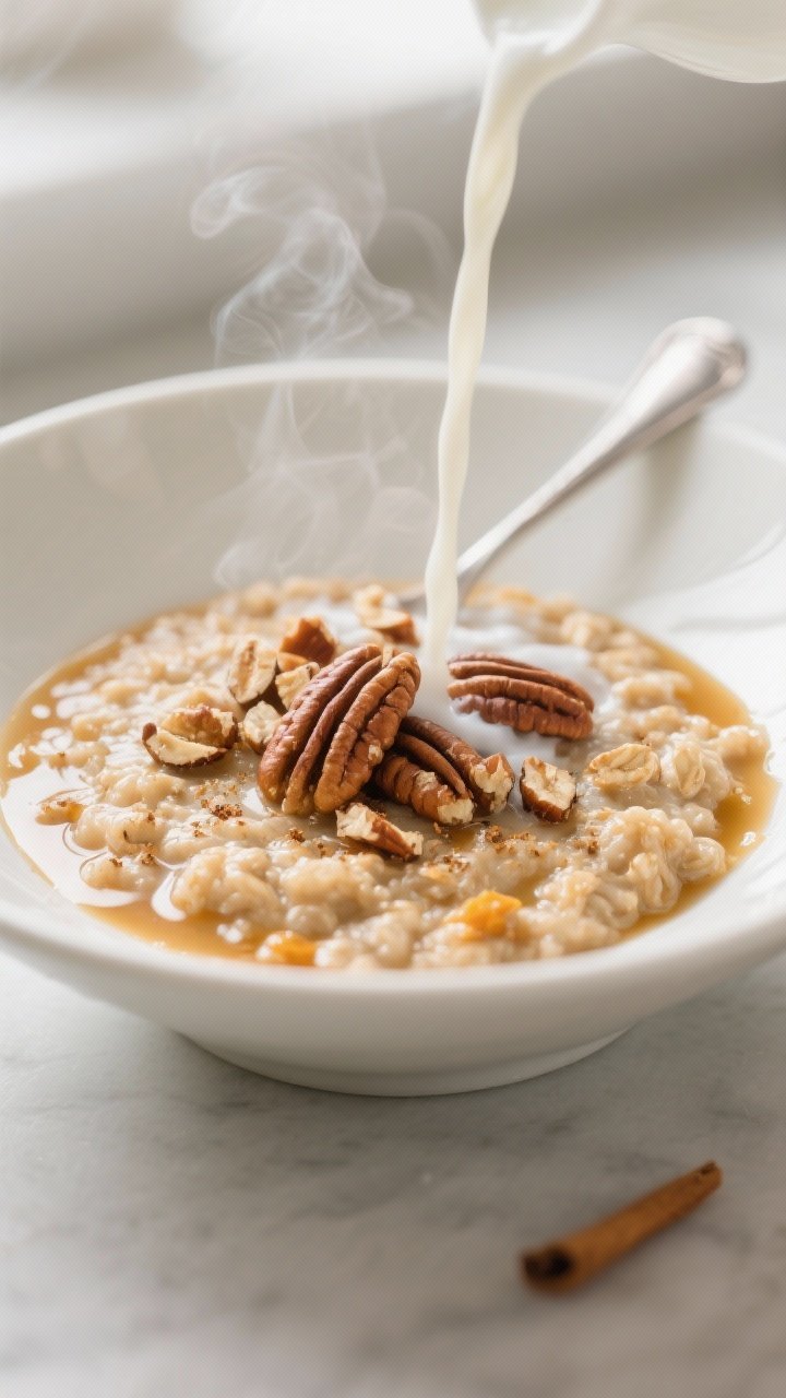 Final dish presentation: Restaurant-quality plate-up of Pumpkin Pie Oatmeal in a wide, shallow off-w