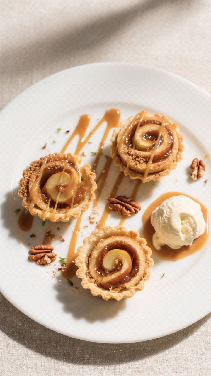 Final dish presentation: Restaurant-quality plated trio of Cinnamon Roll Apple Pie Cups on a matte w