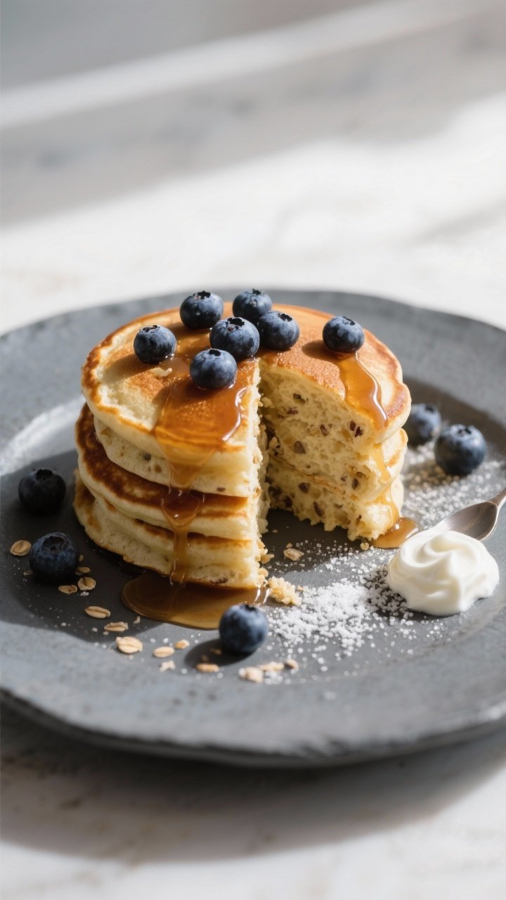 Final dish presentation: Restaurant-quality plated pancakes, three-medium stack with evenly distribu