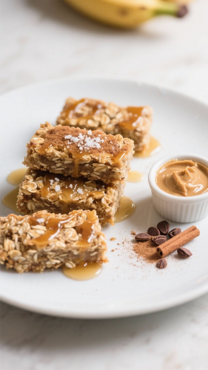 Final dish presentation: Restaurant-quality plated Banana Oatmeal Breakfast Bars arranged as a tidy 