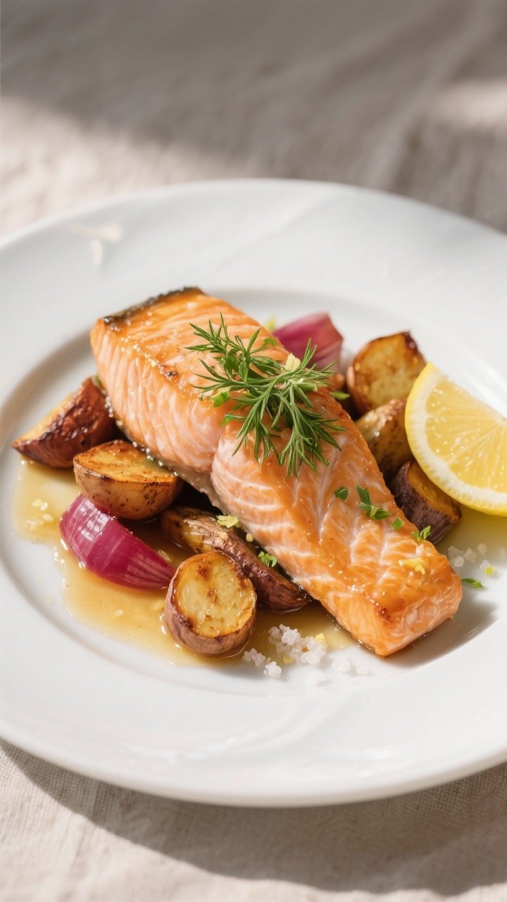 Final dish presentation: Restaurant-quality plated serving of baked salmon with roasted root vegetab